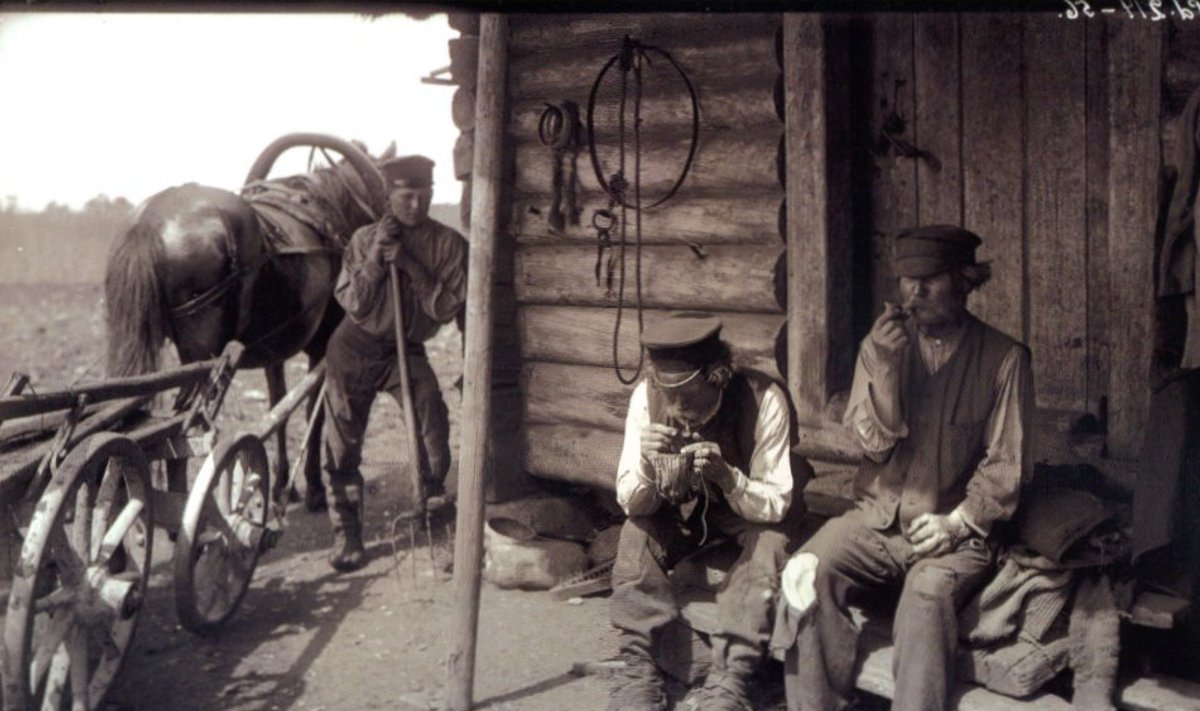 Johannes Pääsukese foto aastast 1913. Ida-Virumaa Pühajõe küla sõnnikuvedajad teevad piipu.