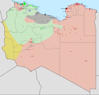 Liibüa sõjatandri kaart: kollane - tuareegid, roheline Tripoli valitsus, punane - Benghazi valitsus, hall - Islamiriik