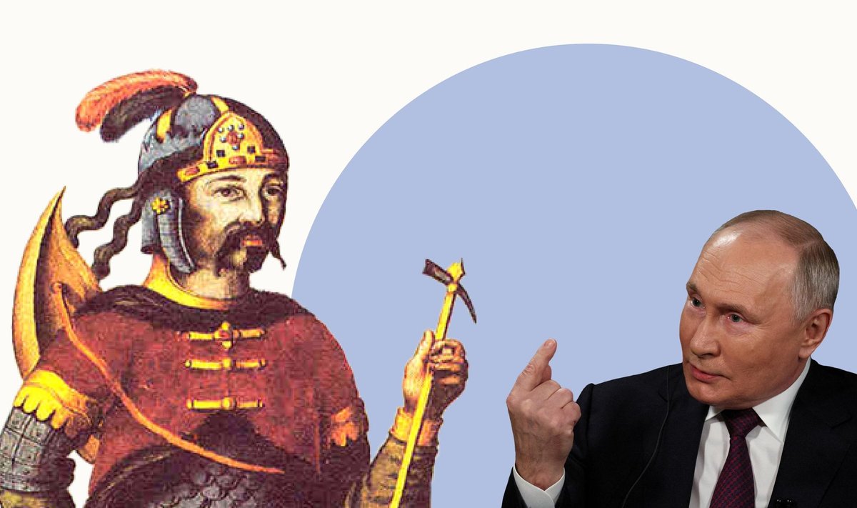 Коллаж с изображением Рюрика и Владимира Путина.