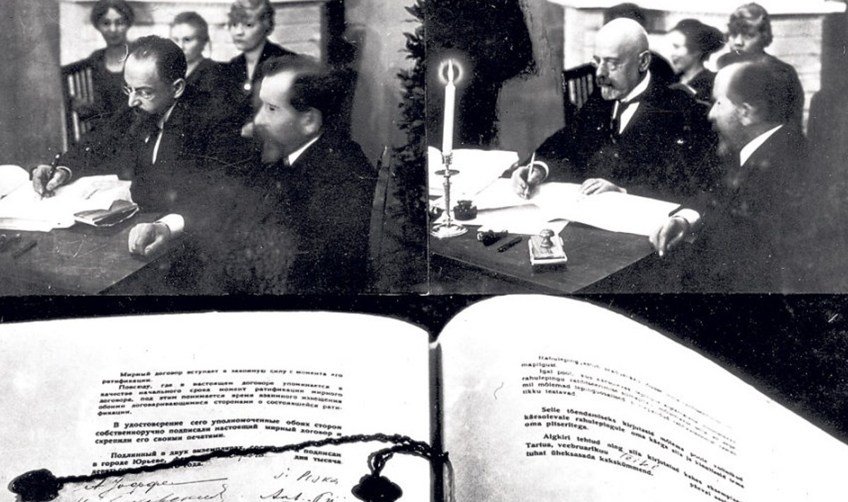 Kõnekas fotomontaaž olulisest hetkest – 2. veebruaril 1920  kirjutasid Tartu rahulepingule  alla Adolf Joffe (vasakpoolsel pildil) ja Jaan Poska.