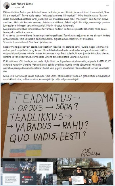 Väidetavalt "proovimas" käinud Sänna postitas Facebooki, kuidas Vene-Ukraina lipuga illustreeritud plakatiga tanki vaatamas käis