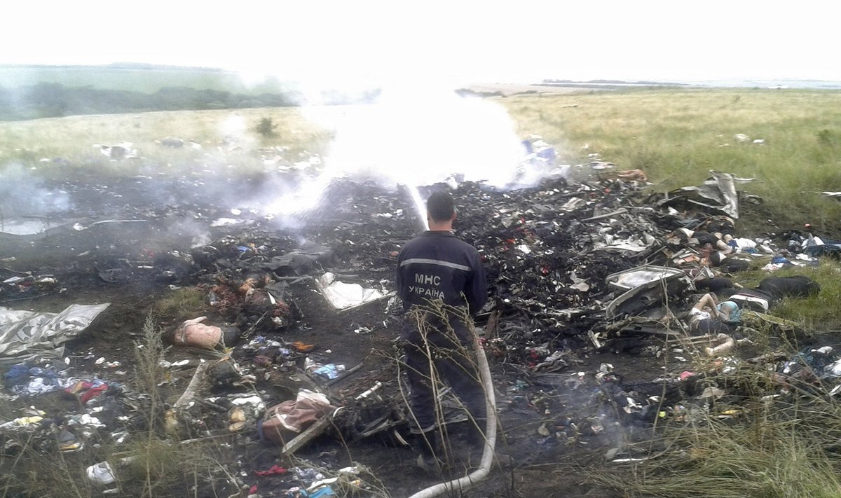 Man works at putting out a fire at the site of a Malaysia Airlines Boeing 777 plane crash in the settlement of Grabovo in the Donetsk region