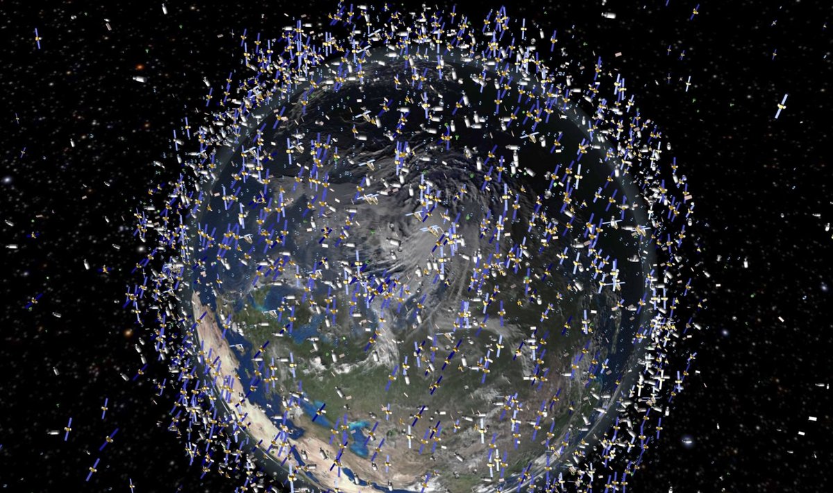 Kosmoseprügi Maa orbiidil kunstniku kujutluses. Pilt aastast 2011, satelliidid on mõistagi suurendatud.