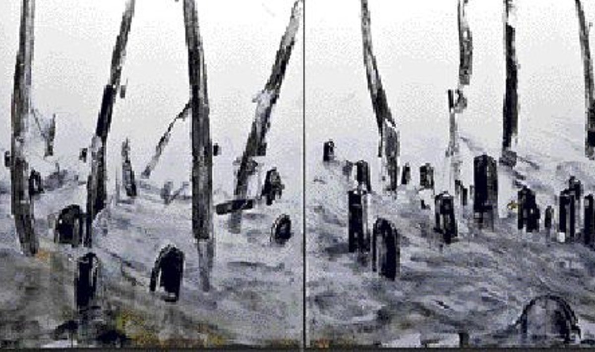 Eda Lõhmuse maal „Postid” (2008, akrüül, süsi, lõuend) kujutaks justkui postapokalüptilist maastikku. 