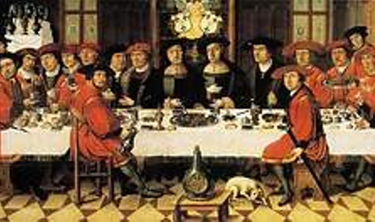 Antverpeni patriitside pidu aastal 1524: Niisamuti nagu sellel pildil rüüpasid ka meie linnasaksad – kes klaaspeekrist, kes tinatopsist, kes kullatud hõbekarikast. Repro raamatust “Die Welt der Hanse”