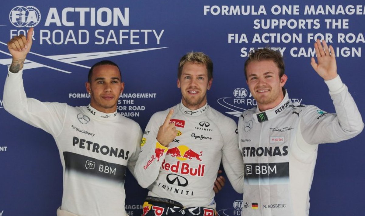 Lewis Hamilton, Sebastian Vettel ja Nico Rosberg.