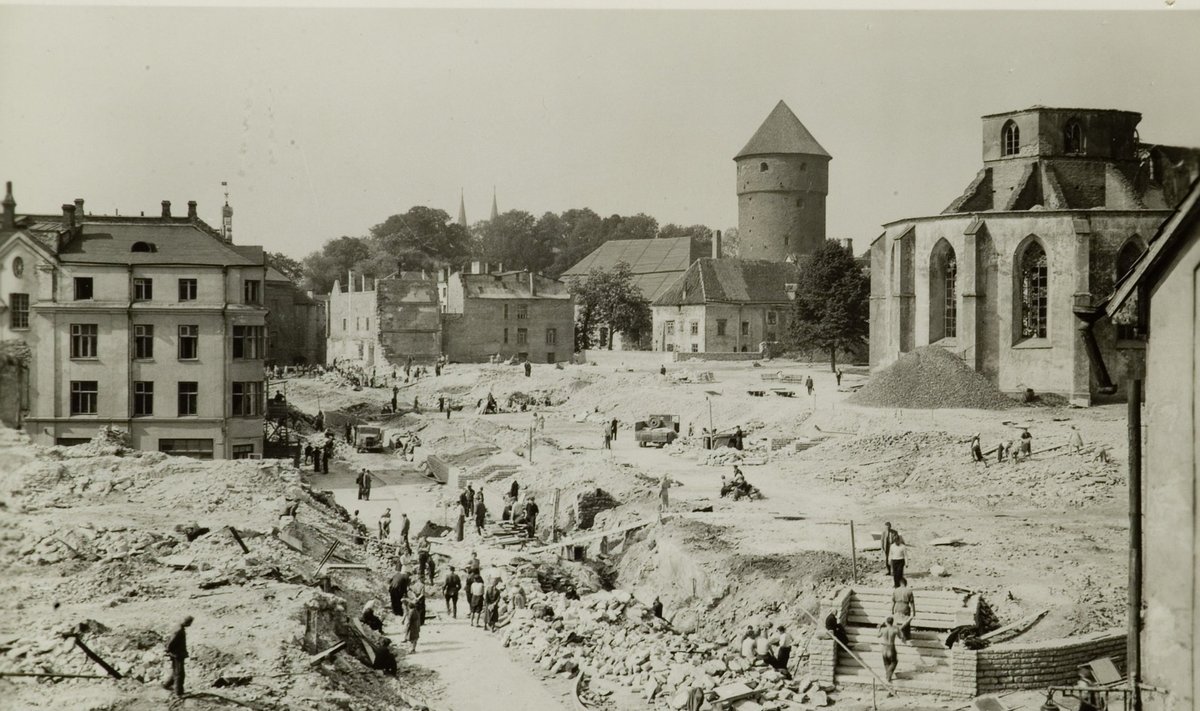 Vaade Harju tänava haljasala rajamisele. Tallinlased haljasala rajamas, tagaplaanil hooned, paremal Niguliste kiriku varemed.