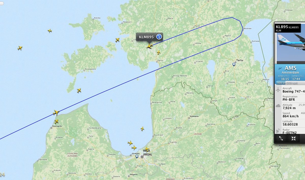 KLM-i lennuk pööras Eesti kohal otsa ringi.
