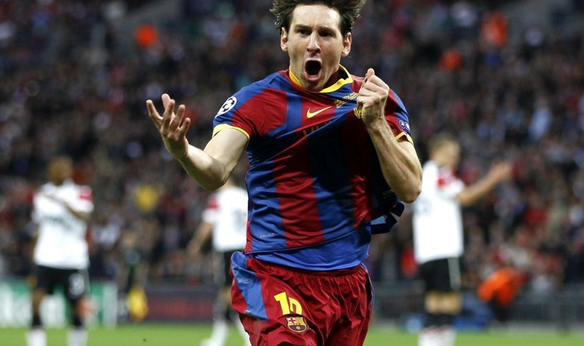 Lionel Messi tähistamas rekordilist väravat Meistrite liiga finaalis, jalgpall