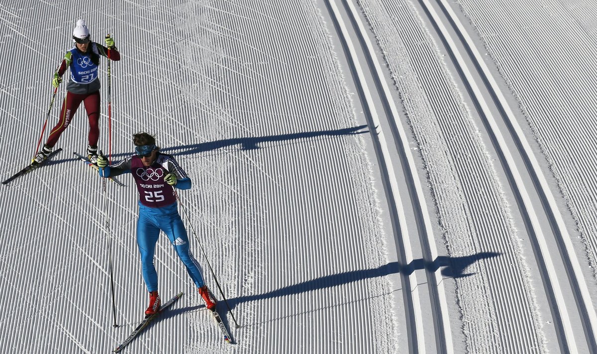 Olympic cross-country skiers ski during a training session for the 2014 Sochi Winter Olympic Games at the Laura cross-country and biathlon centre in Rosa Khutor