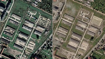 GUSSEV’S MISSING MACHINES: At the base of the 18th Motorized Rifle Division in Gussev, Kaliningrad Oblast, there are significantly fewer military vehicles in 2024 (right) than two years earlier, half a year after the start of the war in Ukraine (left). At that time, there were mainly Kamaz and Ural trucks around the garages, as well as BMP-1 infantry fighting vehicles. Whether all of them have been taken inside garages, or to Ukraine or elsewhere, it is not possible to say. According to reports from the International Institute of Military Studies, the division has been seen operating in Ukraine.