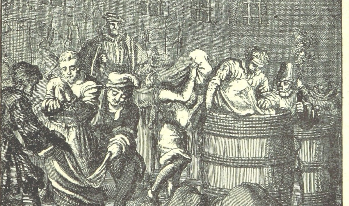 1560. aastast pärinev joonistus kotis uputamisest; vanaroomlaste praktiseeritud karistus oli mõnes kohas kasutusel kuni 18. sajandini. (Foto: Wikimedia Commons)