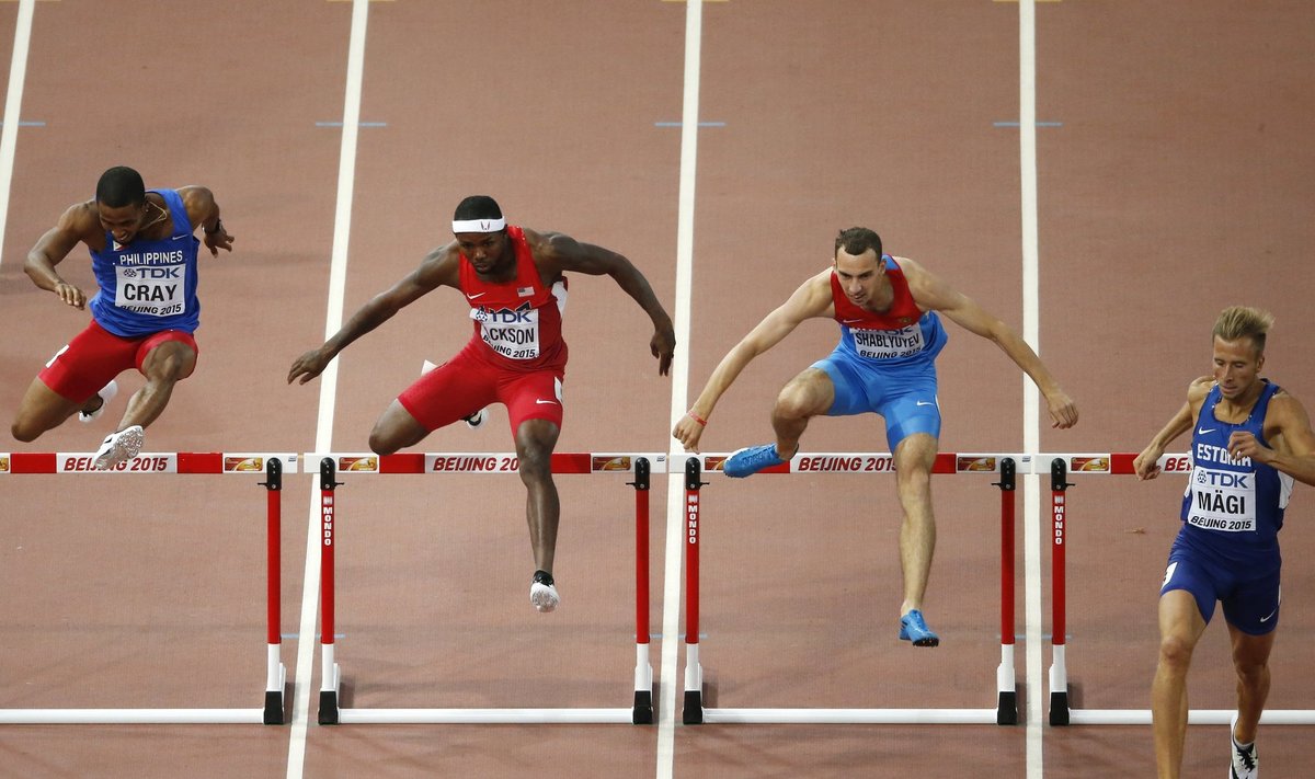 Athletes compete in the men's 400 metres hurdles heats at the 15th IAAF World Championships in Beijing
