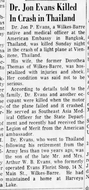 Заметка в газете Standard-Speaker (Пенсильвания) от 7 января 1969 года о гибели Эванса