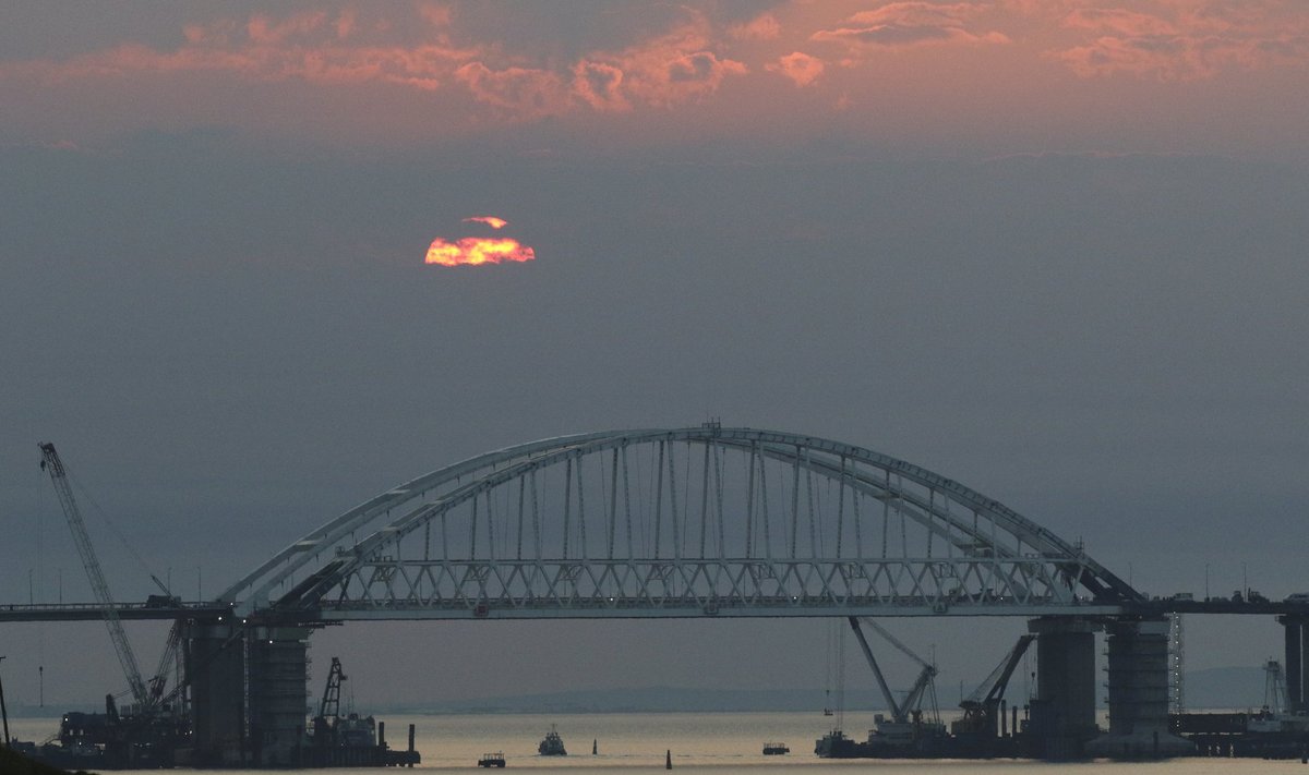 FILE PHOTO: A general view shows a road-and-rail bridge, which is constructed to connect the Russian mainland with the Crimean peninsula, in the Kerch Strait