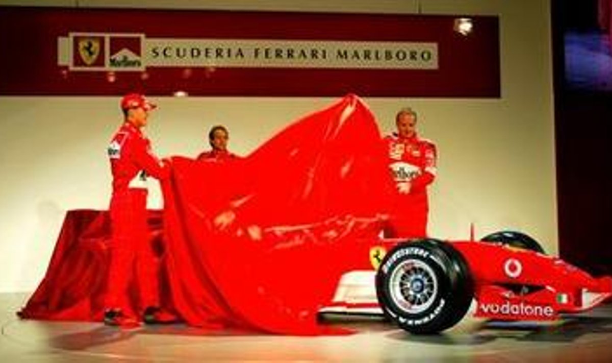 Michael Schumacher, Luca Badoer ja Rubens Barrichello Ferrari F2004 auto esitlusel
