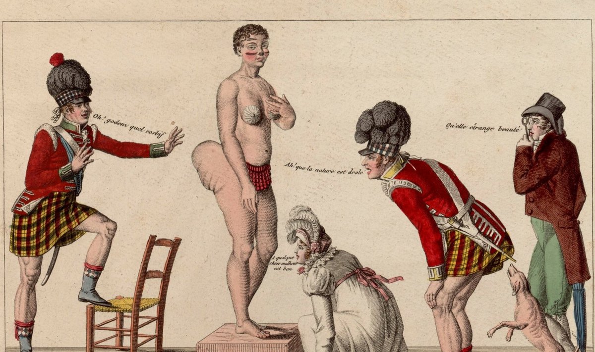 1815. aastast pärinev joonistus Hotentoti Veenusest ja teda imetlevatest "tsiviliseeritud inimestest" (Foto: Wikimedia Commons / Jeangagnon)