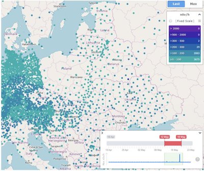 EURDEP kaart (12. - 19. mai). Täpikesed märgivad seirejaamu ja nende tumedus kiirguse taset.