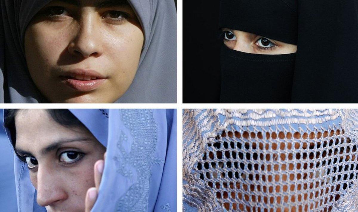Hidžaab (üleval vasakul), niqaab (üleval paremal), tchador (all vasakul) ja burka. 
