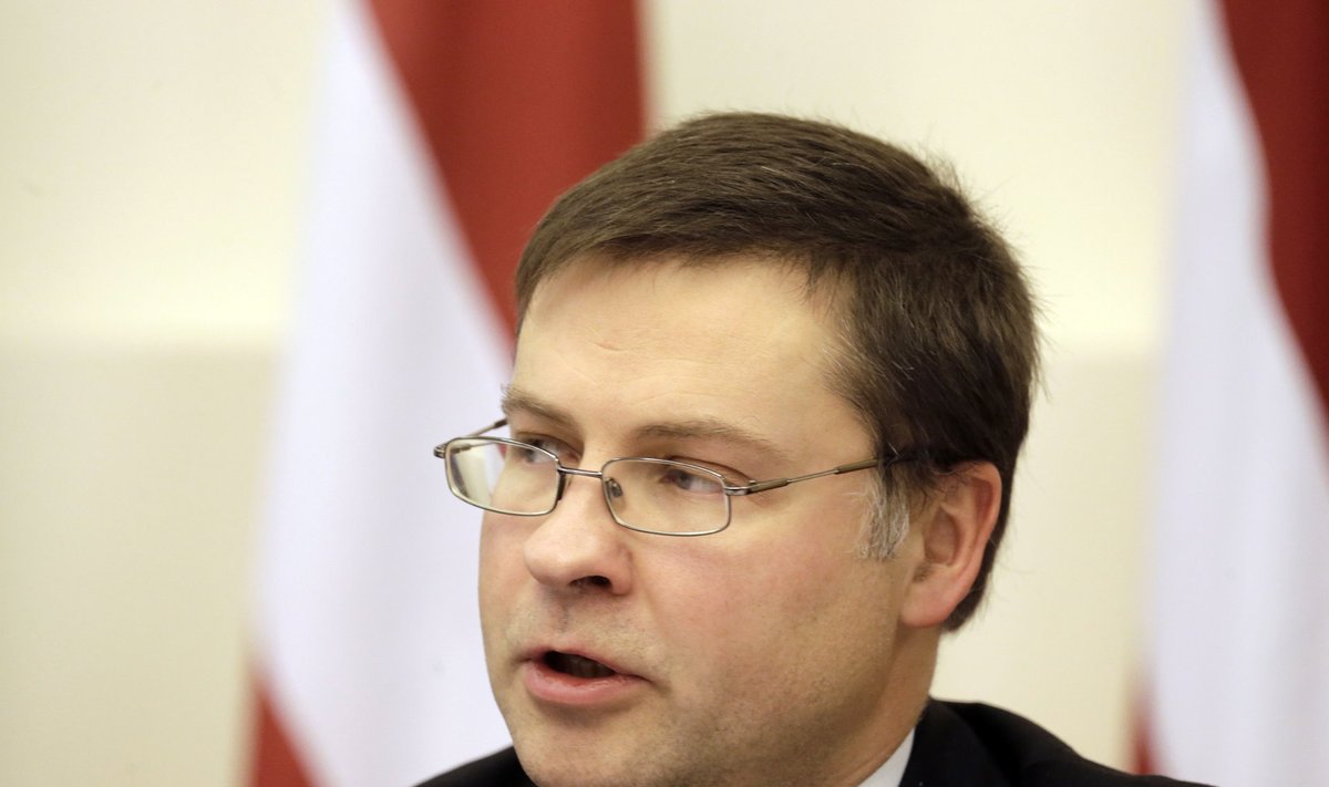 Latvia's Prime Minister Valdis Dombrovskis speaks during a news conference in Riga