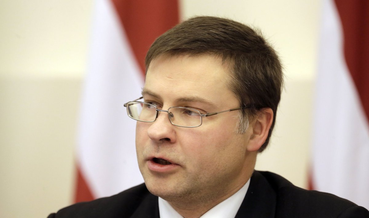 Latvia's Prime Minister Valdis Dombrovskis speaks during a news conference in Riga