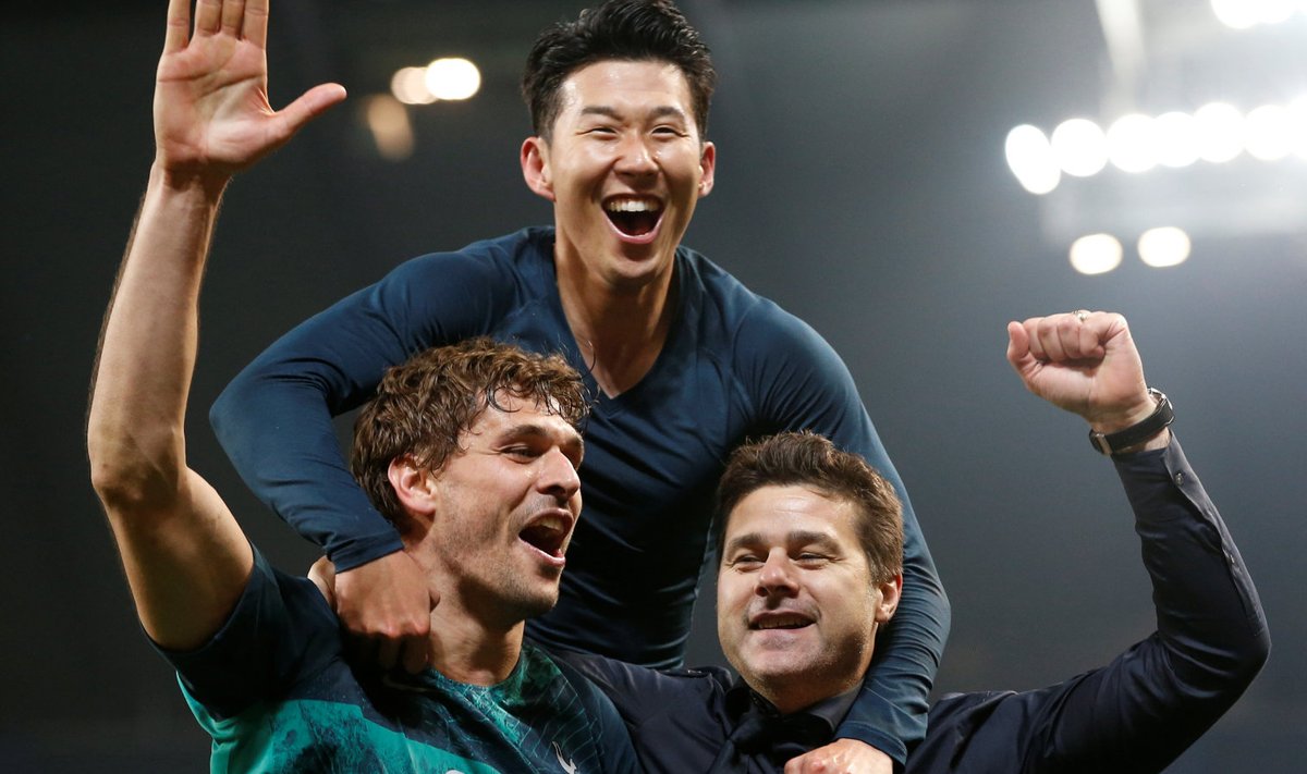 Kolm mängu kangelast: kaks väravat löönud Heung-Min Son, viimase tabamuse autor Fernando Llorente ja Tottenhami peatreener Mauricio Pochettino.