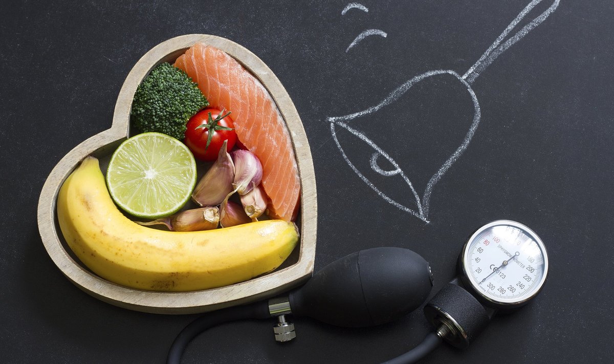 Time for health heart abstract diet food concept on blackboard with bell.