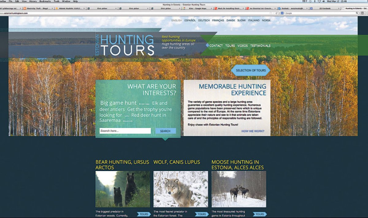 Estonian Hunting Toursi kodulehekülg internetis.