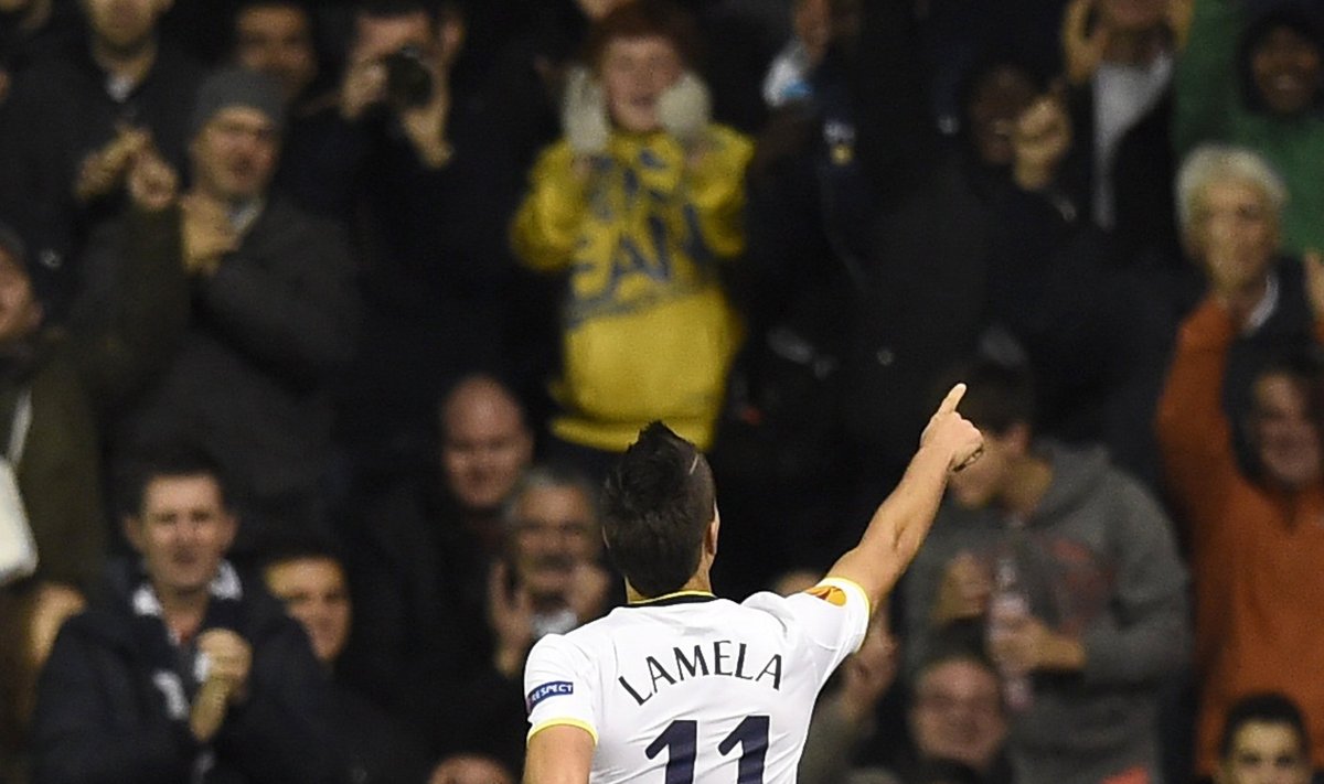 Tottenham Hotspur's Lamela celebrates scoring a goal against Asteras Tripolis during their Europa League soccer match at White Hart Lane in London