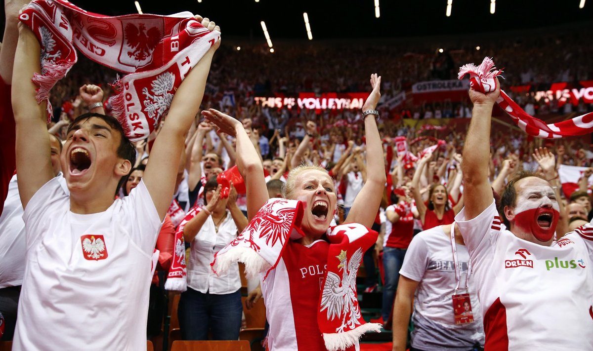 Poland's supporters cheer their team during their final match against Brazil at the FIVB Volleyball Men's World Championship Poland 2014 at Spodek Arena in Lodz