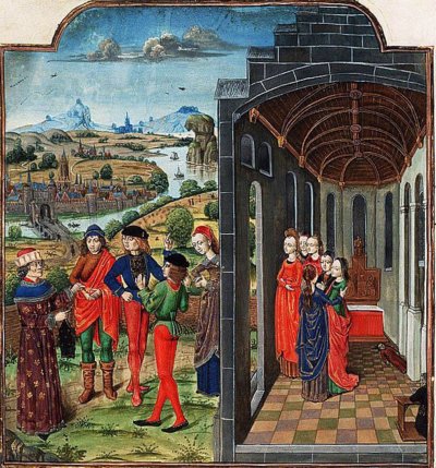 Giovanni Boccaccio ja teised katku eest põgenejad. Raamatumaal prantsuse keelsest Dekameronist (1485)