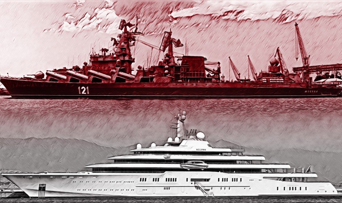 Vene Musta mere sõjalaevastiku põhja lastud lipulaev Moskva ja Roman Abramovitši jaht Eclipse, suurim  Vene oligarhide ja võimurite superjahtidest.