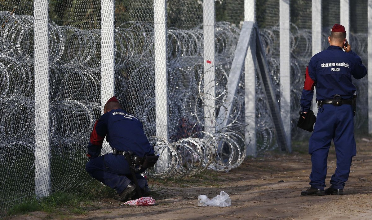 Ungari politseinikud parandavad aias auku, kust põgenikud loata riiki sisenesid.