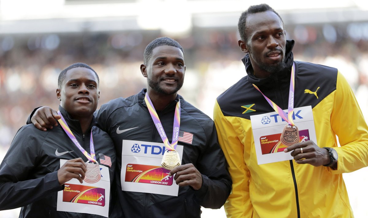 Medalikolmik: Christian Coleman, Justin Gatlin ja Usain Bolt