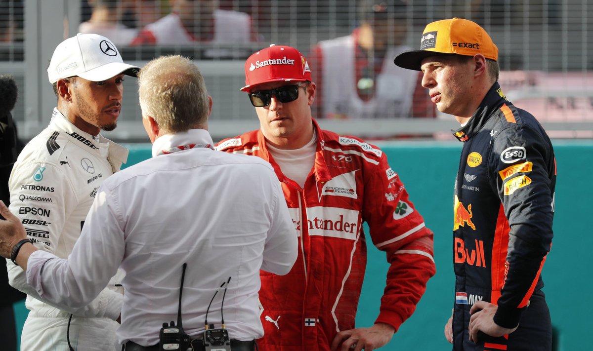 Lewis Hamilton, Kimi Räikkönen ja Max Verstappen