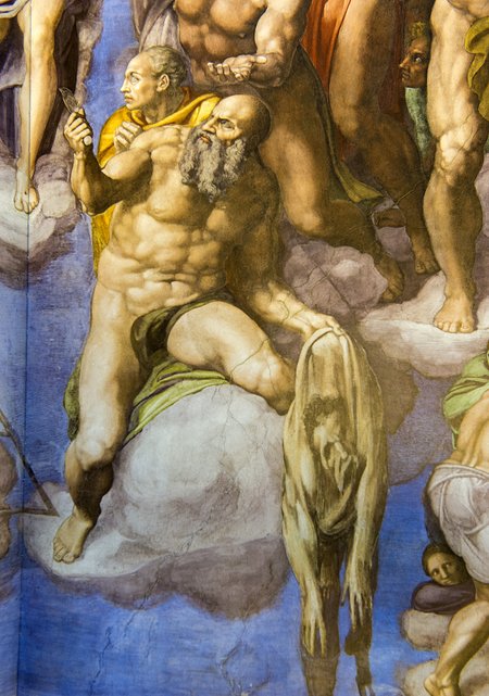 MICHELANGELO AUTOPORTREE? Michelangelo kasutas tõenäoliselt Püha Bartolomeuse käes rippuvat nahka, tema märtriatribuuti selleks, et maalida sellele enda autoportree.