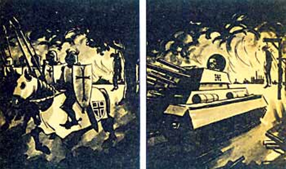 KAS SAKSAMAA OLI SÕBER? 1943. aastal, kui sakslased olid taas Eesti vallutanud, joonistas punane karikaturist Jaan Jensen pildiseeria.  Jaan Jensen