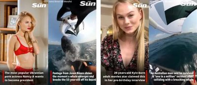 Kuvatõmmiste võrdlus: võltsitud video Konovalenkoga ja The Suni video surfarist. Alumistel tekstidel on erinev font ja väidetaval videol Konovalenkoga ei ole märgitud allikat.