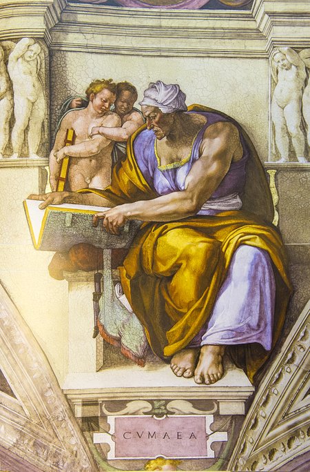 LIHASELINE NAINE: Michelangelo Sixtuse kabelisse maalitud naised ei erine eriti meestest ja kui neil rindu poleks, oleks keha alusel üsna keeruline kahe soo vahel vahet teha. Pildil Cumea sibüll kabeli laemaalilt.
