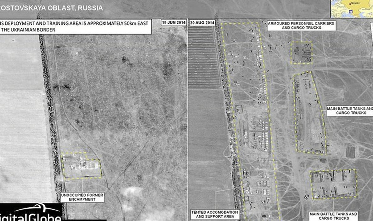 A combination satellite image shows what is reported by SHAPE to be a military deployment site on the Russian side of the border, near Rostov-on-Don