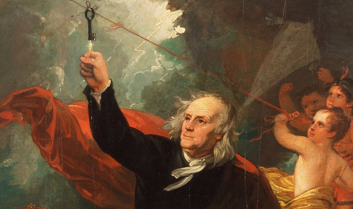 Benjamin Franklin võtab taevast elektrit. Detail Benjamin Westi 1816. a maalist, mis asub Philadelphia Kunstimuuseumis.