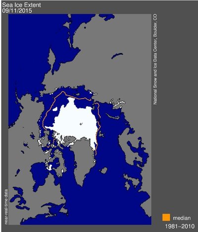 Jääkilbi suurus Põhja-Jäämerel 11. septembri seisuga. https://nsidc.org
