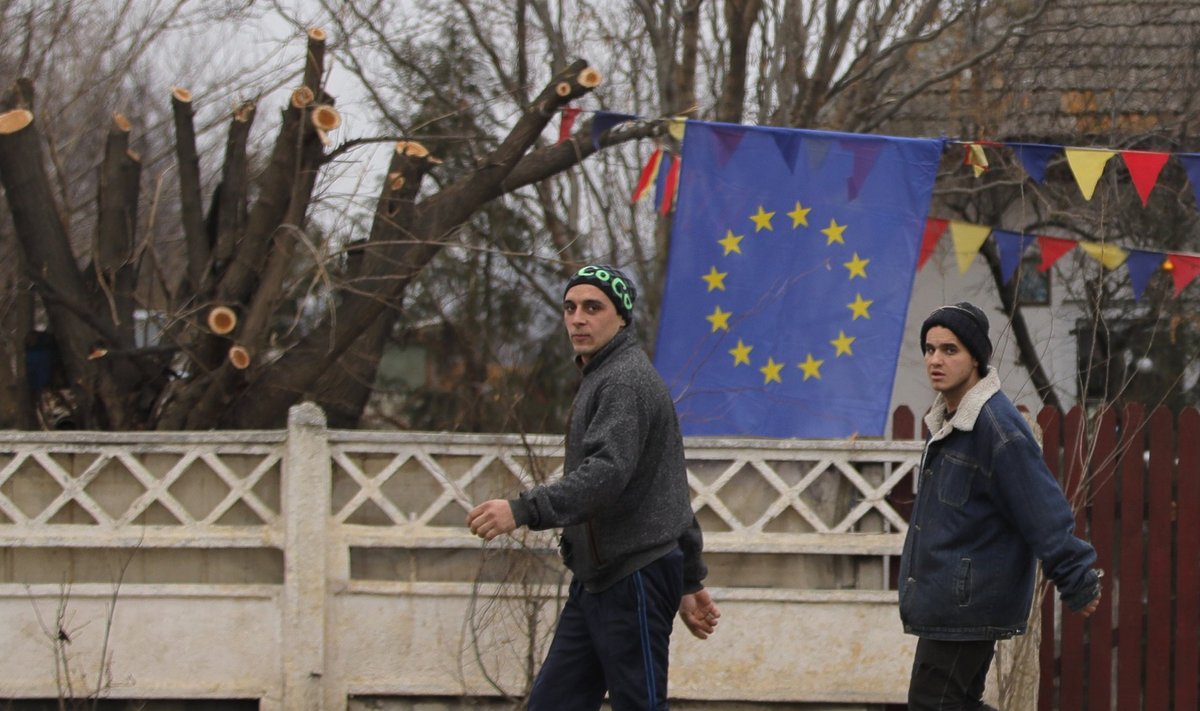Üks Lõuna-Rumeenia Tărtășești küla elanik tähistas Euroopa Liidu eesistumise algust tähelipu ja Rumeenia riigilipu värvides vimplitega.