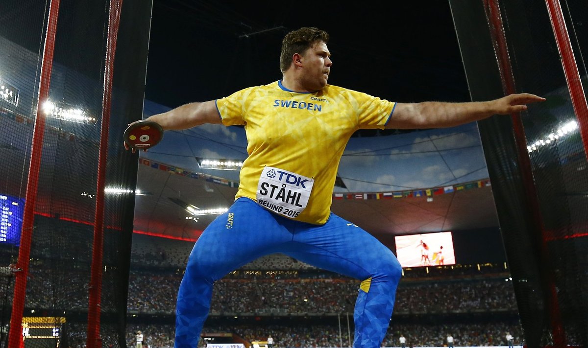 Stahl of Sweden competes in the men's discus throw final during the 15th IAAF World Championships at the National Stadium in Beijing