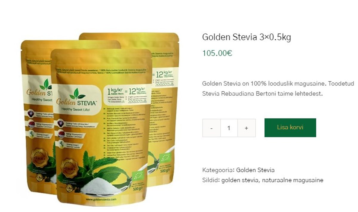 Golden Stevia koduleht, mille tegelik koostis erineb etiketil toodust.