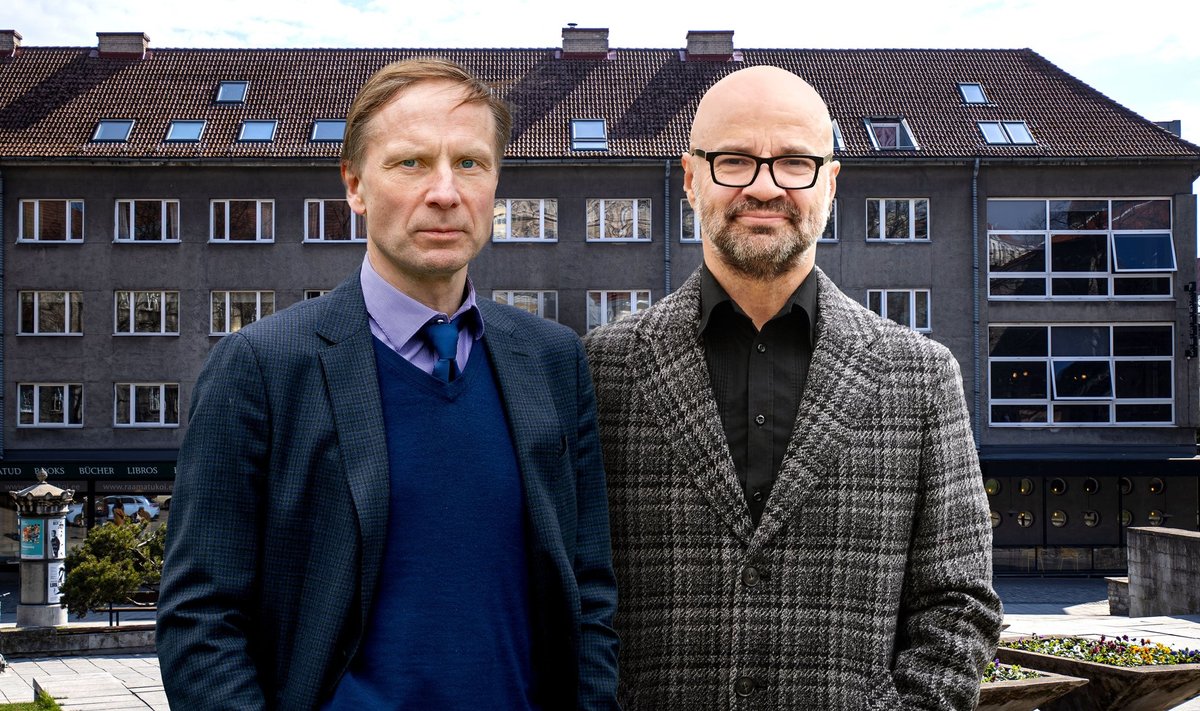 Eerik-Niiles Kross ja Mihkel Raud Tallinna kirjanike maja ees. Kollaaž