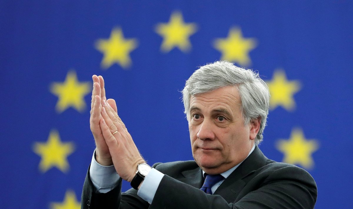 Newly elected European Parliament President Antonio Tajani reacts after the announcement of the results of the election at the European Parliament in Strasbourg