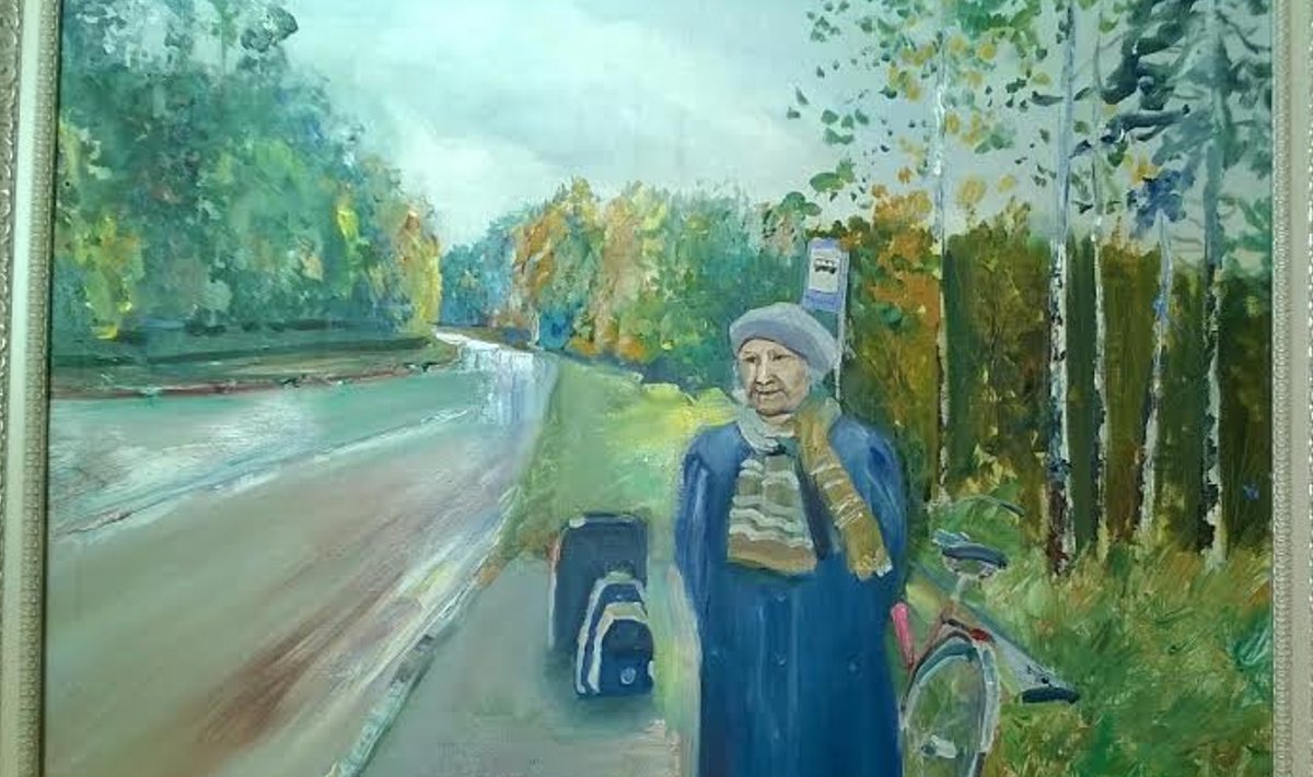  Saare-vanaema on Kaja Lijuri tehtud maalil 92aastane, saatmas Toolamaa bussipeatuses külalist. 