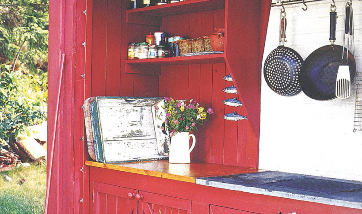 Seintele ehitatud riiulid, panipaigad ja konksud võimaldavad  kõik väikeses köögis vajalikud asjad otstarbekalt paigutada.