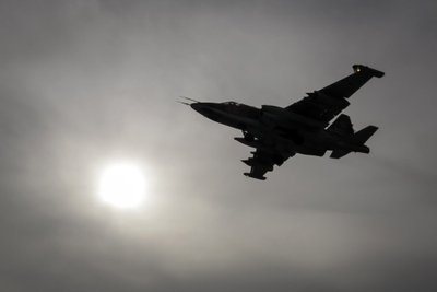 A Sukhoi Su-25 jet fighter flies during a drill at the Russian southern Stavropol region